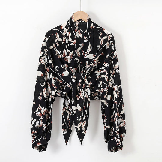 Damen nan florale Knoten-Bluse im Wickelstil mit Ballonärmeln und leichter Leinenoptik