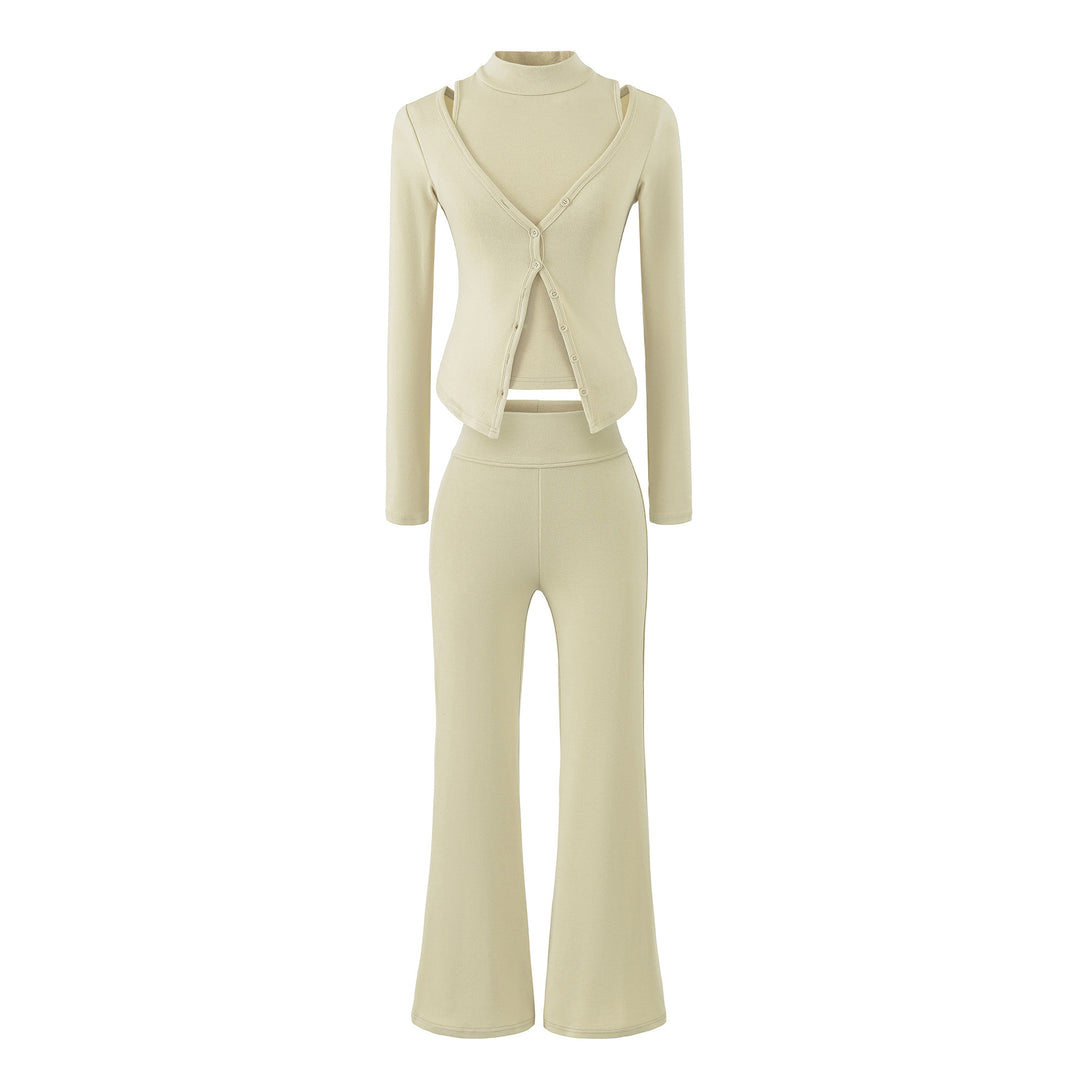 Damen Figurbetontes Layering-Set mit Rollkragen-Longsleeve und asymmetrischer Knopfjacke und ausgestellter High-Waist Hose Nord Taschen