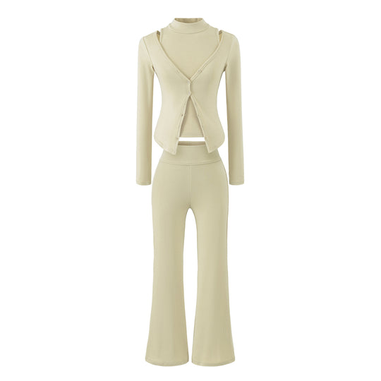 Damen Figurbetontes Layering-Set mit Rollkragen-Longsleeve und asymmetrischer Knopfjacke und ausgestellter High-Waist Hose Nord Taschen