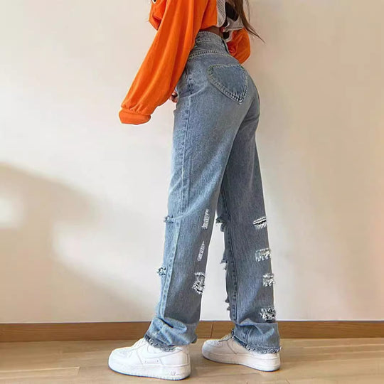Damen Hochtaillierte Baggy-Jeans im Vintage-Ripped-Design mit weitem Bein und ausgefranstem Saum Nord Taschen
