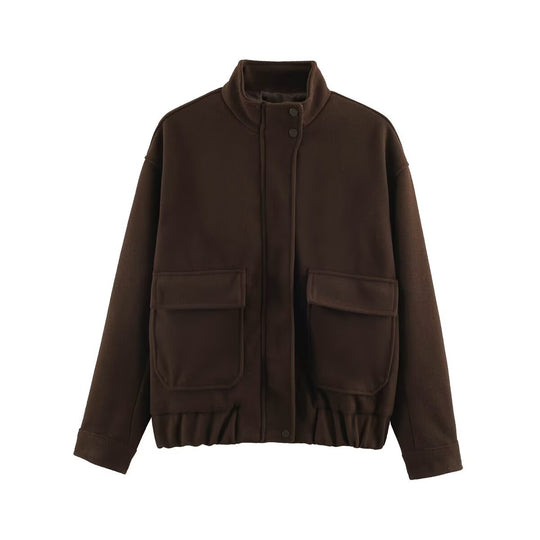 Damen Wollmix-Blousonjacke mit Stehkragen, großen Klappentaschen und elastischem Saum Nord Taschen