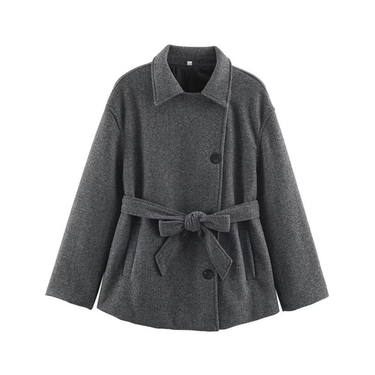 Damen Kurzmantel im Wickelstil mit Taillengürtel und kastiger Silhouette Nord Taschen