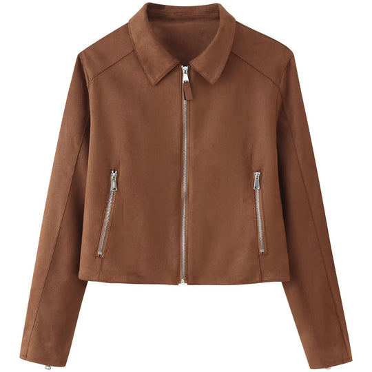 Damen Kurzgeschnittene Veloursoptik-Jacke mit zentralem Reißverschluss und Hemdkragen Nord Taschen