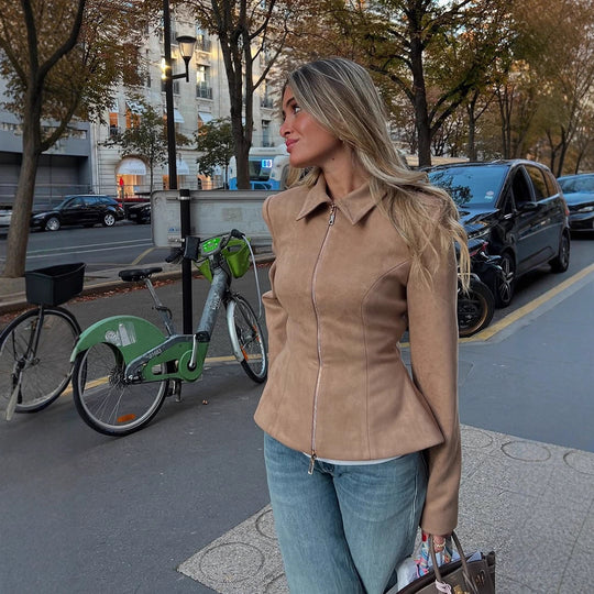 Damen Taillierte Velourslederoptik-Jacke mit Zweiwege-Reißverschluss Nord Taschen