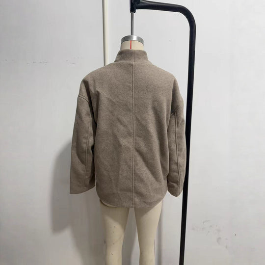 Damen Kurzer Doppelreihiger Wollmantel mit Stehkragen Nord Taschen
