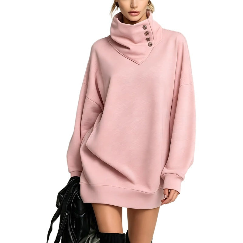 Damen Oversize Sweatshirtkleid mit hohem Knopfkragen Nord Taschen