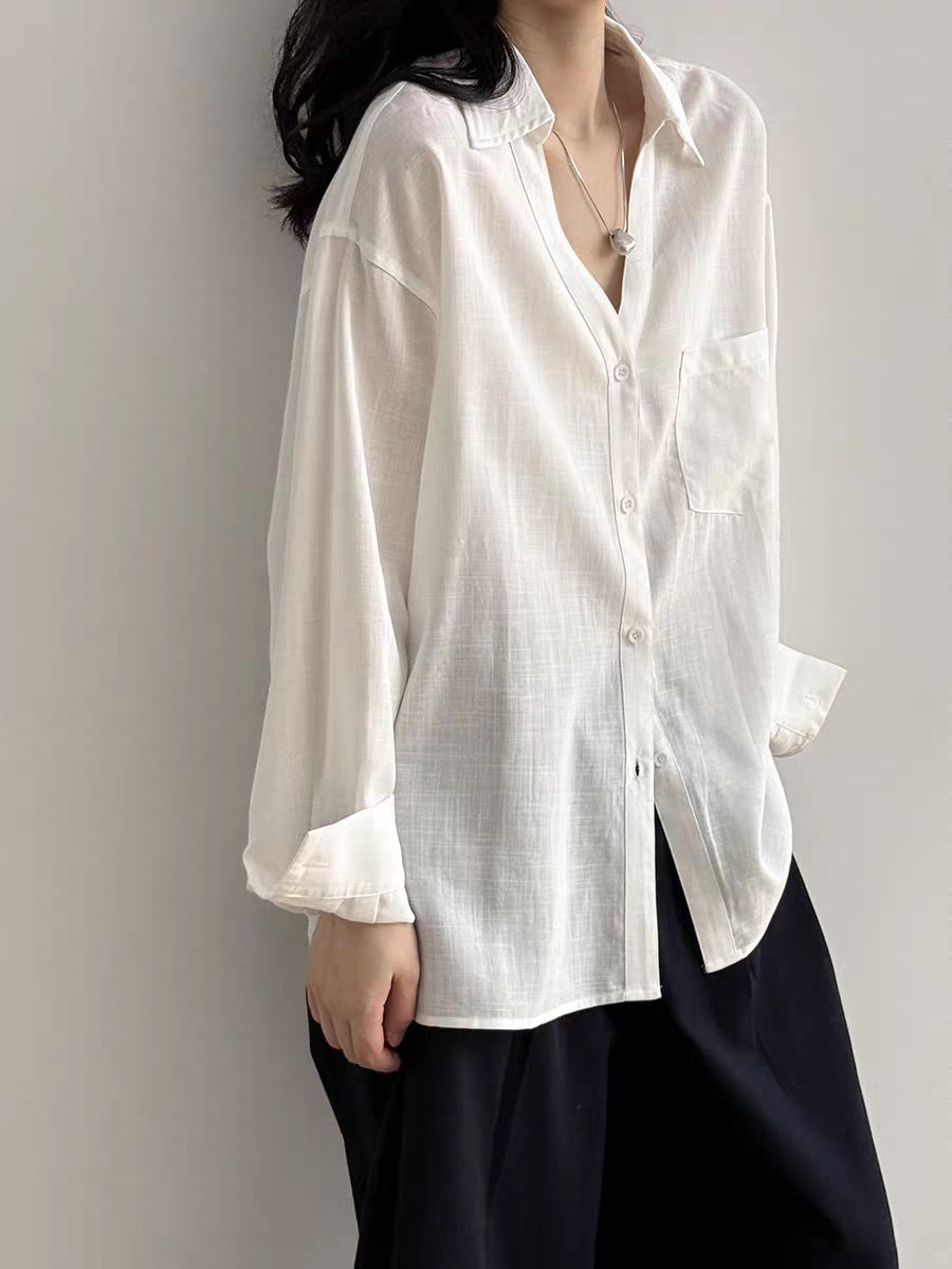 Damen Lässiges Leinenoptik-Longshirt mit Oversize-Schnitt und Brusttasche Nord Taschen