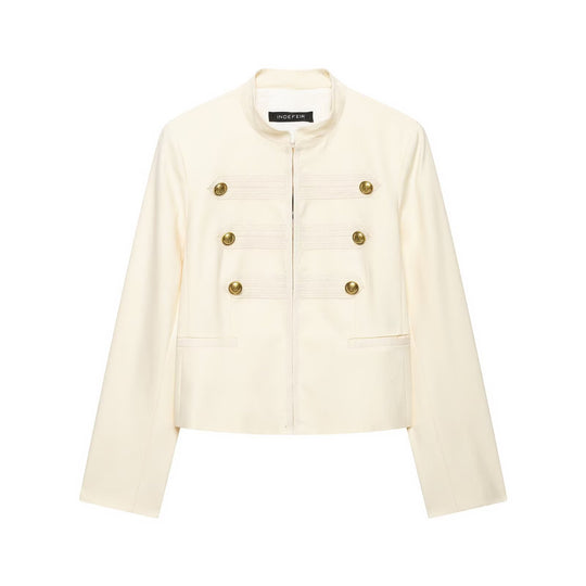 Damen Cropped Militärblazer mit Stehkragen, Zierstreifen und goldenen Statementknöpfen Nord Taschen
