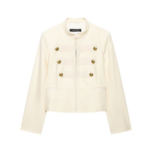 Damen Cropped Militärblazer mit Stehkragen, Zierstreifen und goldenen Statementknöpfen Nord Taschen