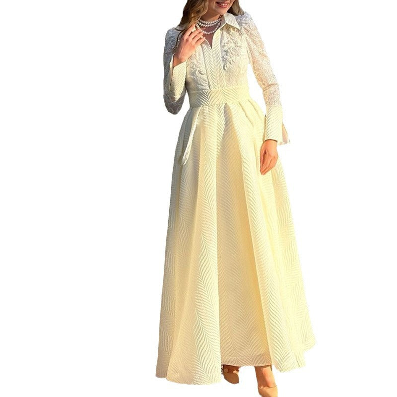 Damen Elegantes Maxikleid mit Spitzenärmeln und Taillengürtel