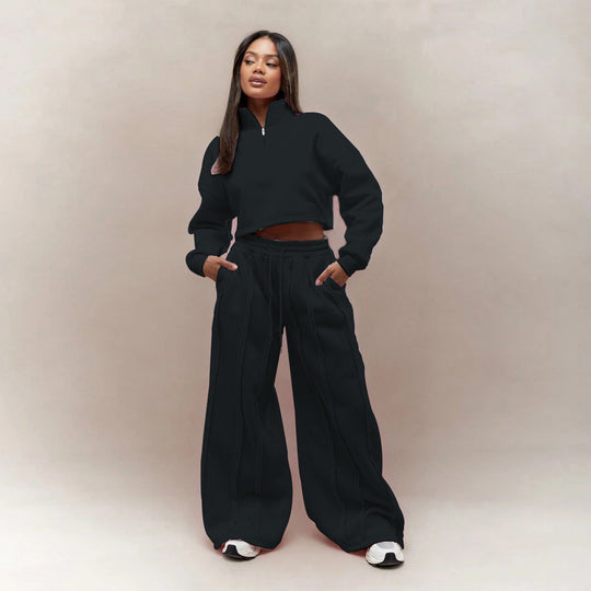 Damen Crop-Halbzip-Sweatshirt und High-Waist Wide-Leg Loungehose Set mit sichtbaren Naht-Details Nord Taschen