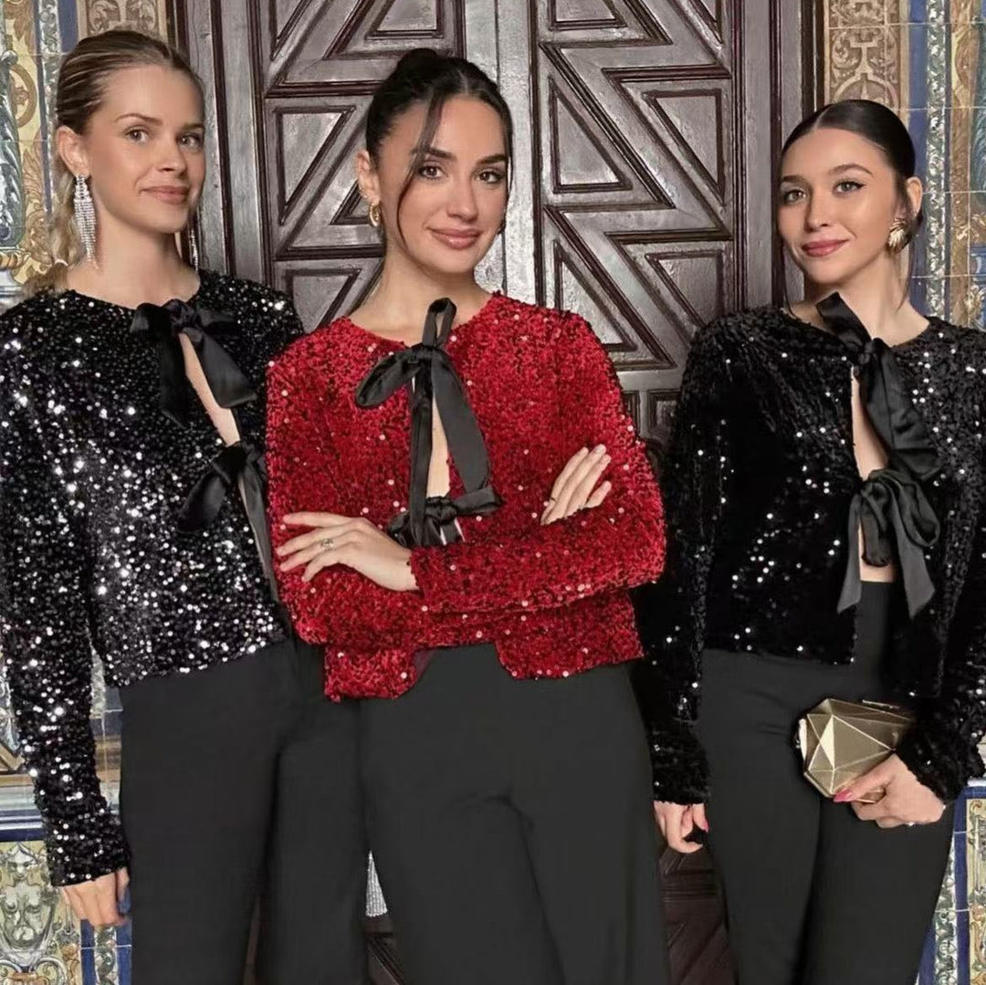 Damen Pailletten-Bolerojacke mit dekorativen Satin-Schleifen Nord Taschen