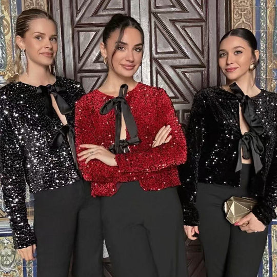 Damen Pailletten-Bolerojacke mit dekorativen Satin-Schleifen Nord Taschen