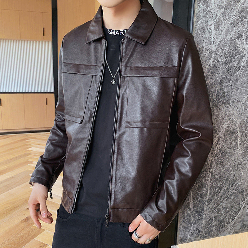 Herren minimalistisches Kunstleder-Zipblouson mit Hemdkragen und Pattentaschen Nord Taschen