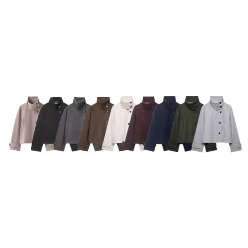 Damen Cropped Wollmix-Kurzjacke mit hohem Stehkragen, asymmetrischer Knopfleiste und Krempelmanschetten Nord Taschen