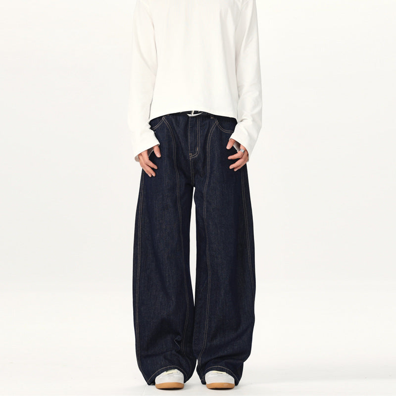 Unisex Ultraweite tiefsitzende Baggy-Jeans aus rohem Denim mit Kontrastnähten Nord Taschen