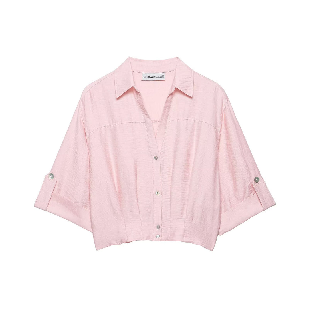 Damen Kastige Cropped-Bluse mit Hemdkragen, verkürztem Saum und Aufrollärmeln Nord Taschen
