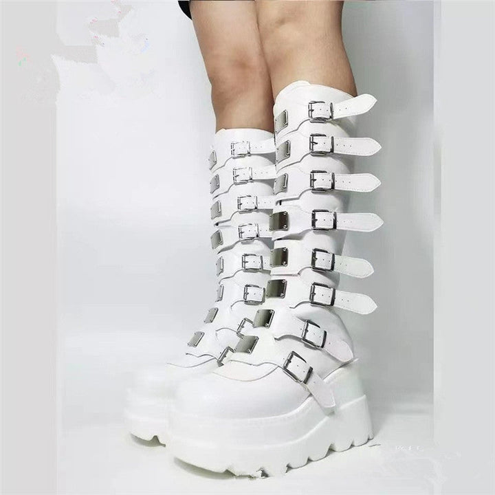 Damen Plattform Stiefel mit modischem Schnallen-Design und stabiler Sohle
