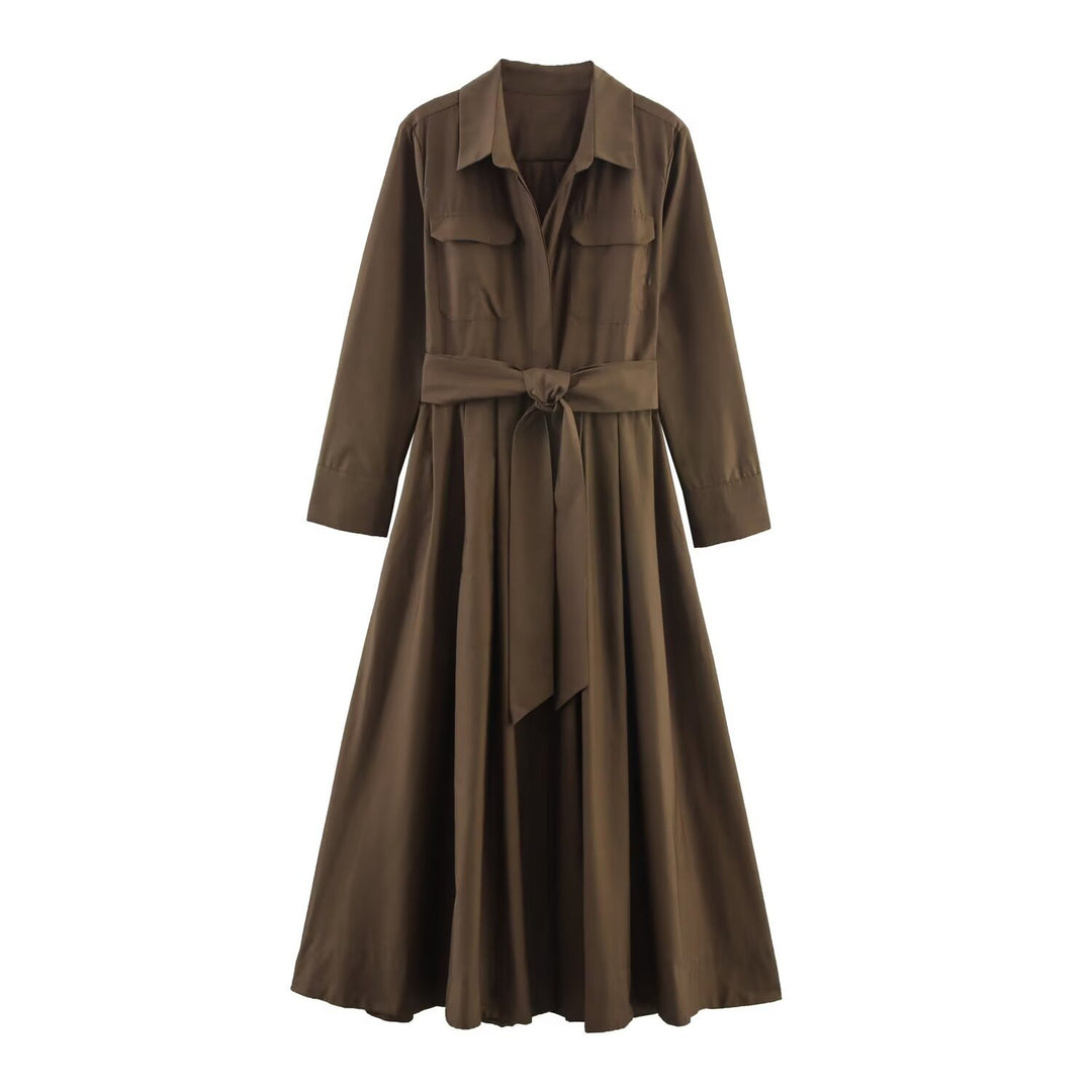 Damen Hemdblusenkleid mit Taillengürtel und A-Linien-Skirt Nord Taschen