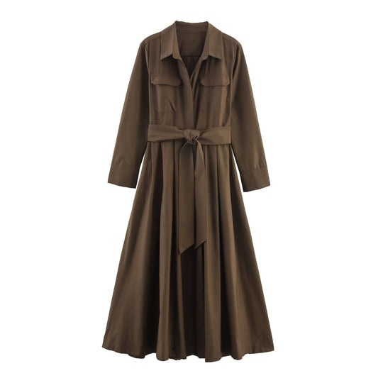 Damen Hemdblusenkleid mit Taillengürtel und A-Linien-Skirt Nord Taschen