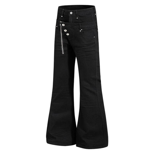 Damen Weite Schlaghose aus Denim mit asymmetrischem Reißverschluss und Knopfverschluss Nord Taschen