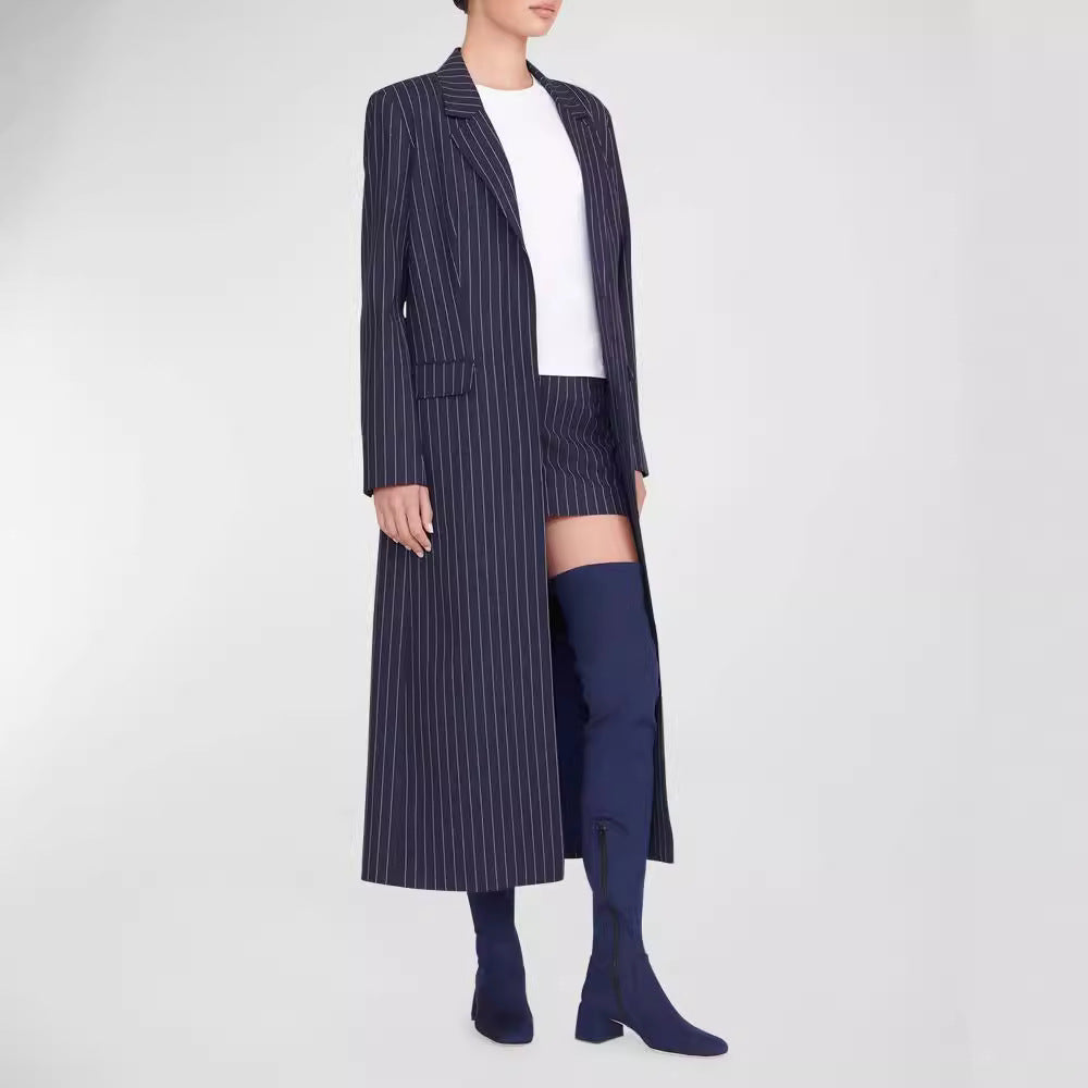 Damen Oversize Longline-Mantel im Nadelstreifen-Look mit Schlitz und Pattentaschen Nord Taschen
