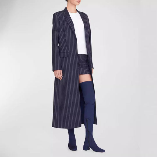 Damen Oversize Longline-Mantel im Nadelstreifen-Look mit Schlitz und Pattentaschen Nord Taschen