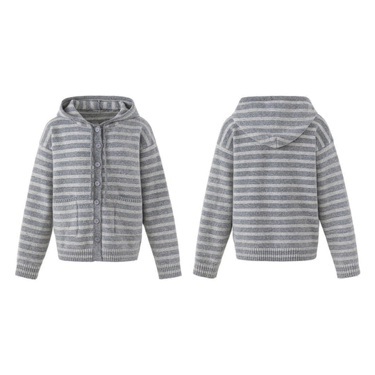 Damen Gestreifte Strickjacke mit Kapuze, durchgehender Knopfleiste und aufgesetzten Taschen Nord Taschen