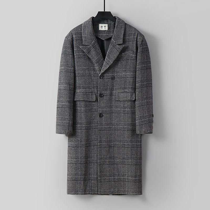 Herren Karierter Longcoat aus Wollmix mit klassischem Revers und geradem Schnitt Nord Taschen