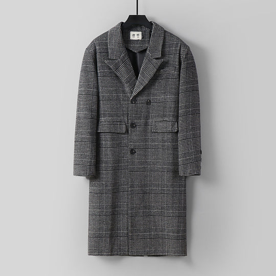 Herren Karierter Longcoat aus Wollmix mit klassischem Revers und geradem Schnitt Nord Taschen