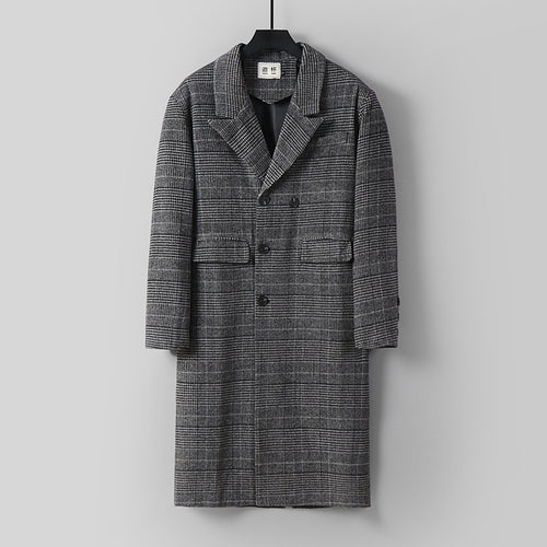 Herren Karierter Longcoat aus Wollmix mit klassischem Revers und geradem Schnitt Nord Taschen