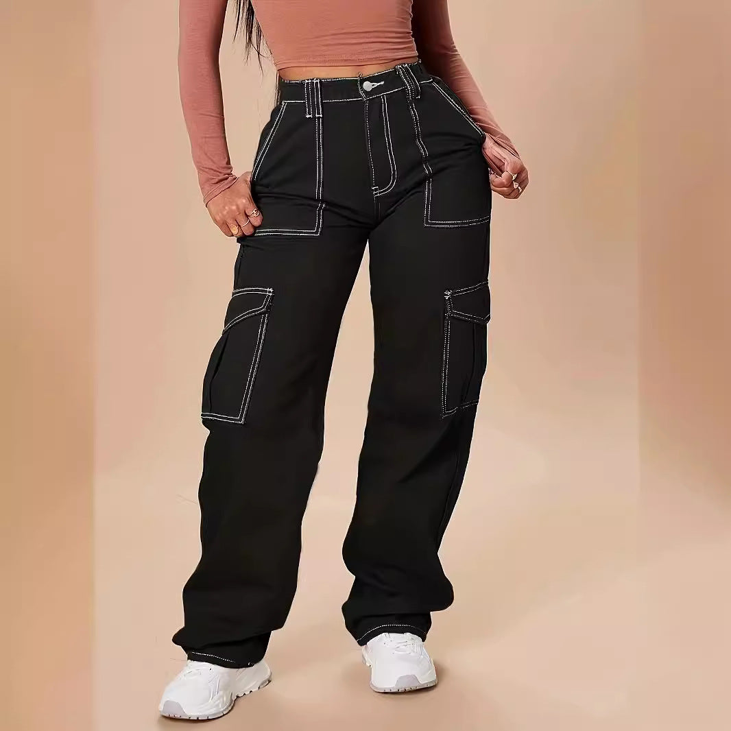 Damen Utility-Cargo-Hose mit weitem Bein, hoher Taille und kontrastierenden Ziernähten Nord Taschen
