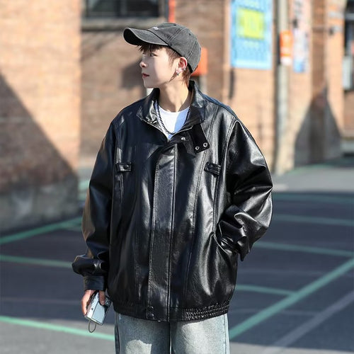 Herren Oversized Kunstlederjacke im Bomberstil mit Stehkragen und elastischem Saum Nord Taschen
