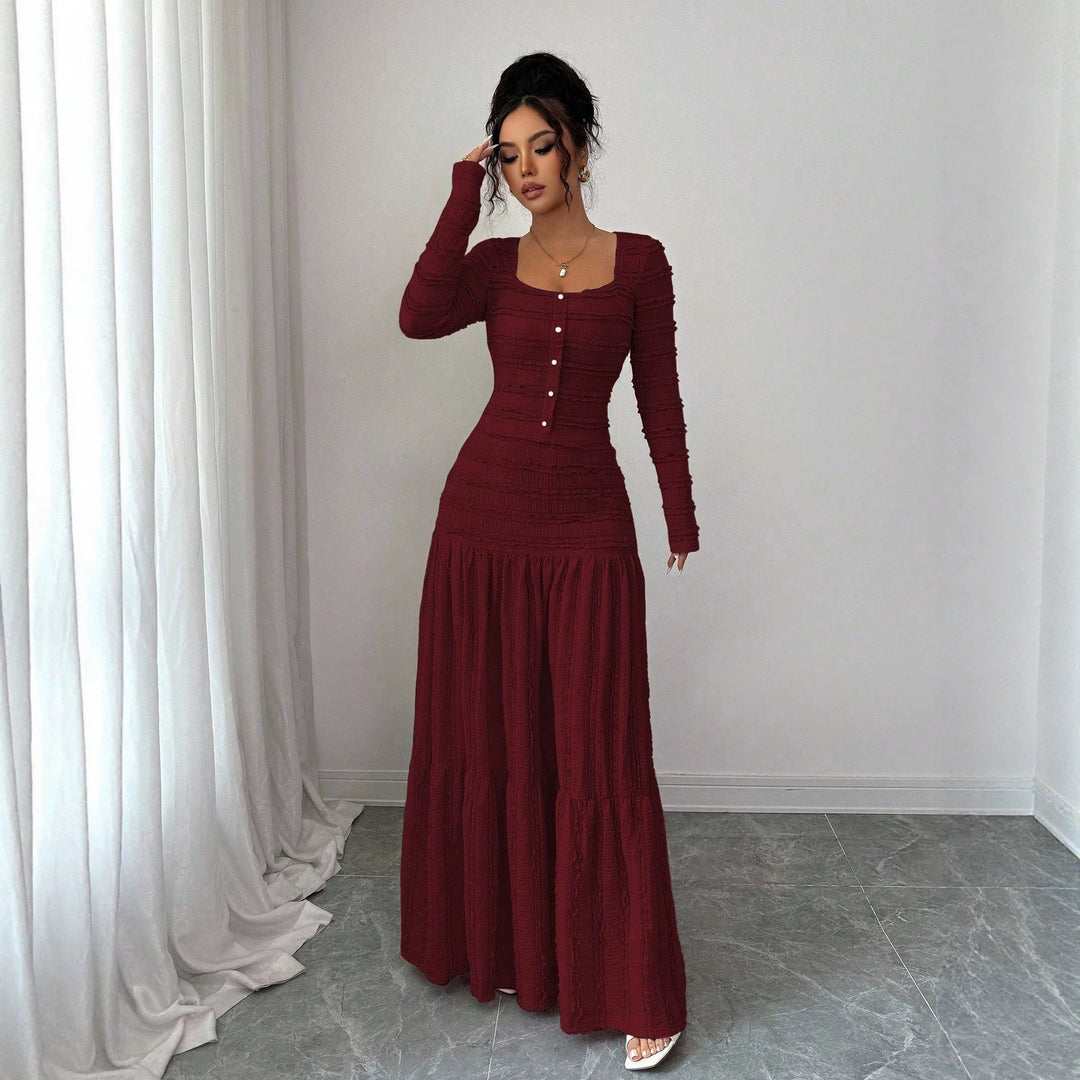 Damen Figurbetontes Rüschen‑Maxikleid mit Quadrat-Ausschnitt und Knopfleiste Nord Taschen