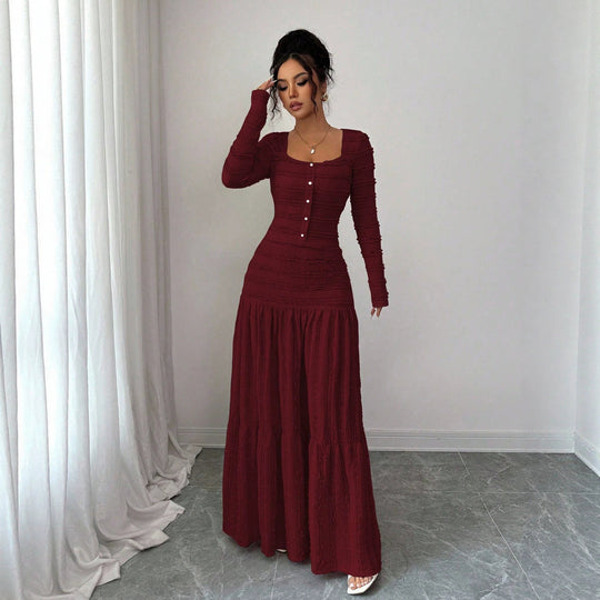 Damen Figurbetontes Rüschen‑Maxikleid mit Quadrat-Ausschnitt und Knopfleiste Nord Taschen