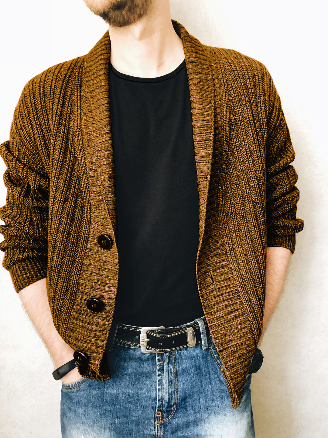 Herren Strickcardigan mit Schalkragen und Knopfleiste Nord Taschen