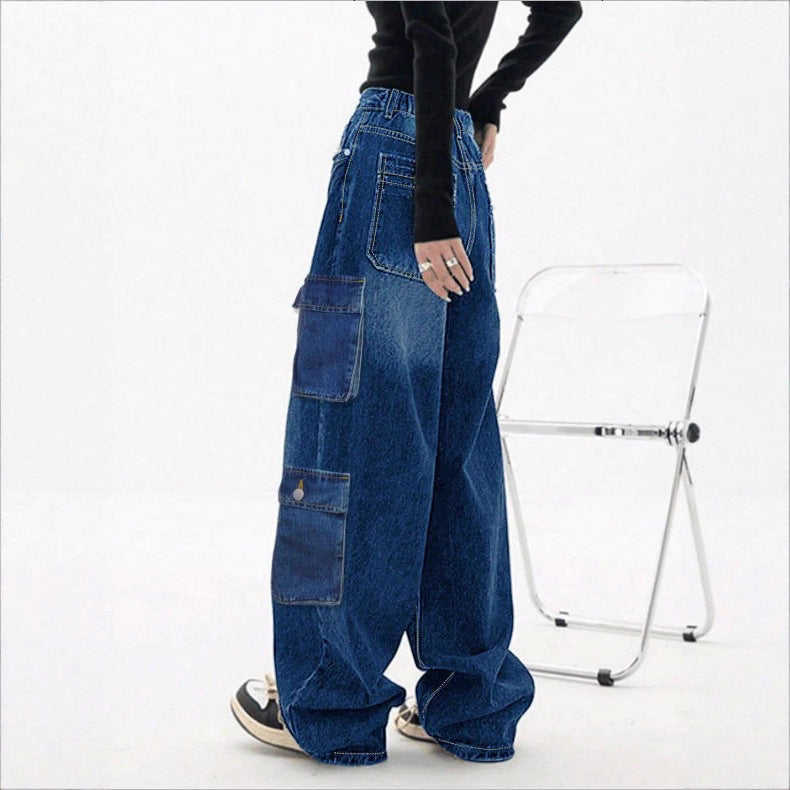 Damen Weite High-Waist Cargo-Jeans im Baggy-Schnitt mit Mehrfach-Taschen Nord Taschen