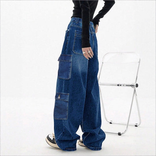 Damen Weite High-Waist Cargo-Jeans im Baggy-Schnitt mit Mehrfach-Taschen Nord Taschen