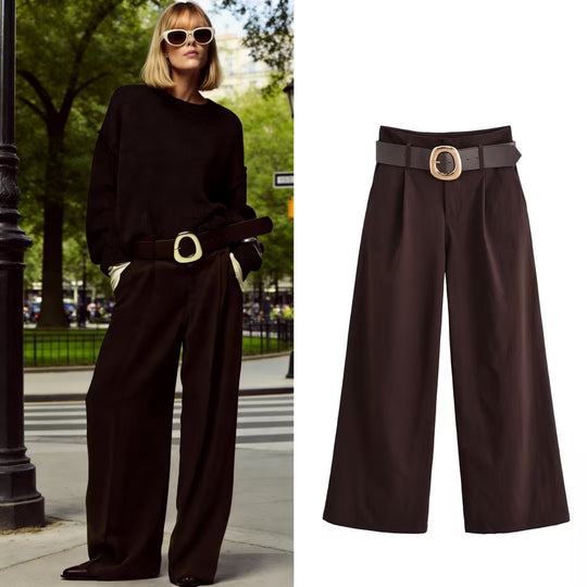 Damen hochtaillierte Culotte-Hose mit weitem Bein, Bundfalten und Statement-Gürtel Nord Taschen