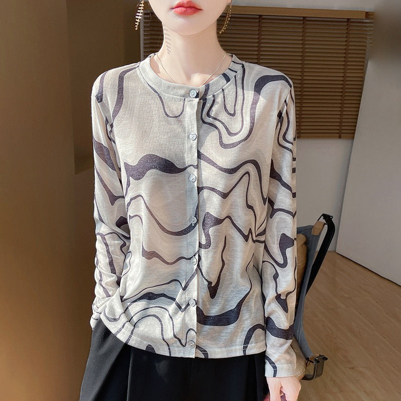 Damen Leichter Aquarell‑Print Feinstrick‑Cardigan mit Rundhalsausschnitt und Knopfleiste Nord Taschen