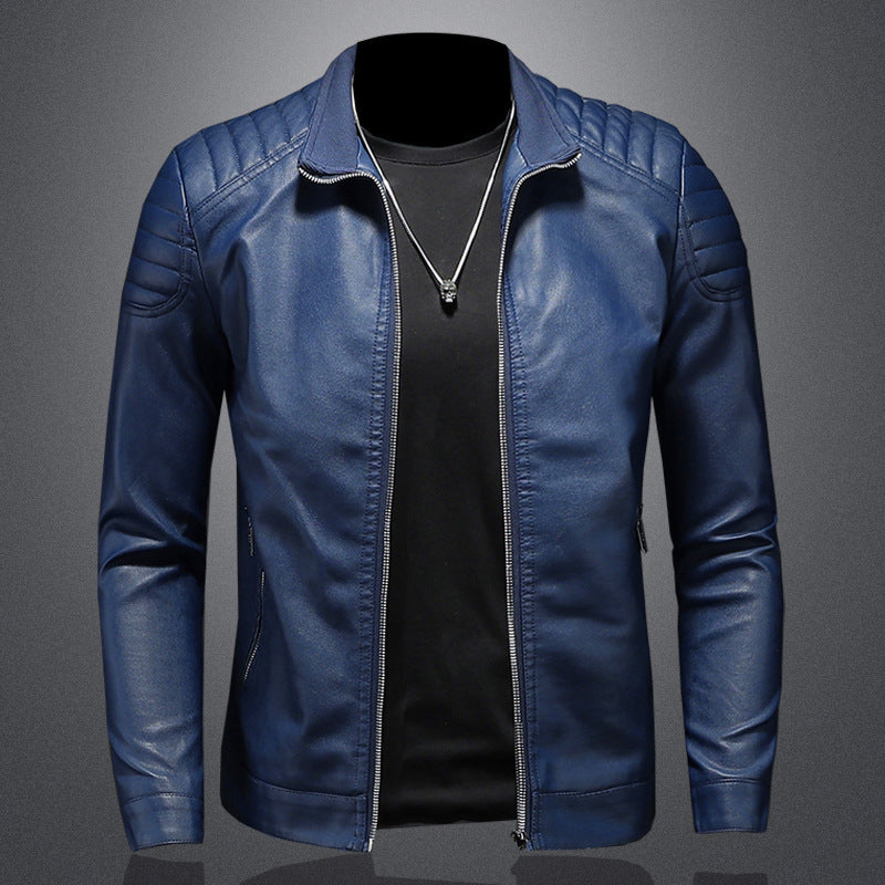 Herren schlank geschnittene Kunstleder-Motojacke mit Stehkragen und gesteppter Schulterpasse Nord Taschen