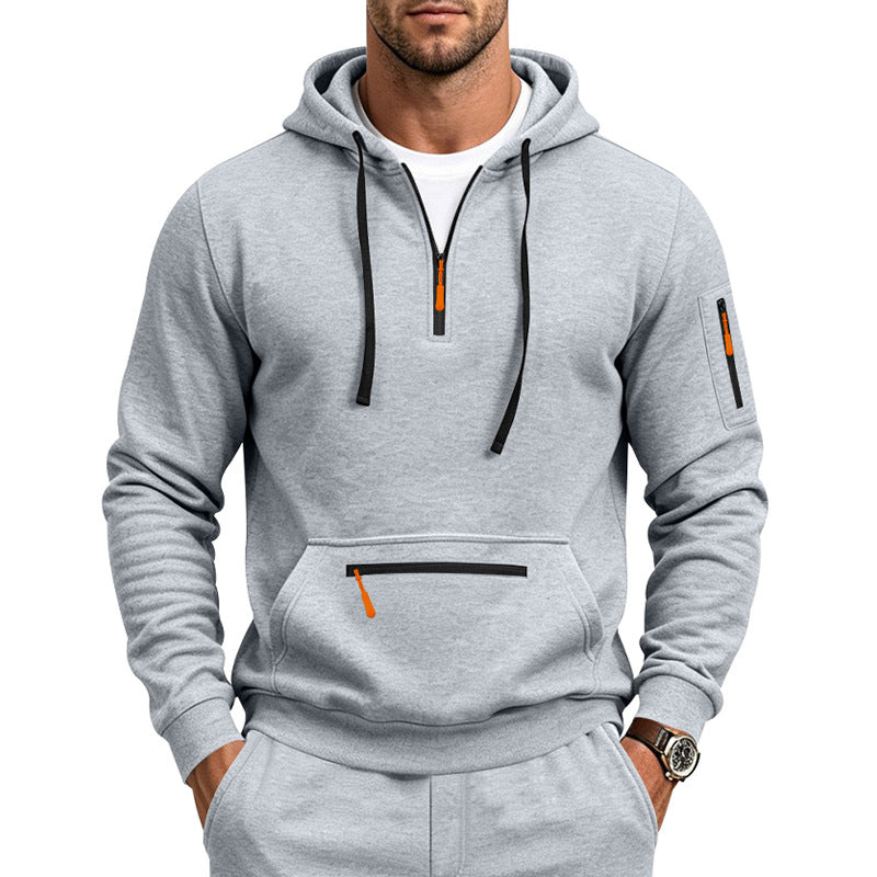 Herren Kapuzen-Sweatshirt mit Half-Zip, Kängurutasche und Reißverschlusstaschen Nord Taschen