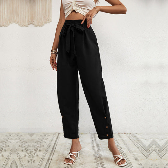 Damen Hochtaillierte Paperbag-Hose mit Bindegürtel, tapered Bein und Zierknopfleiste Nord Taschen