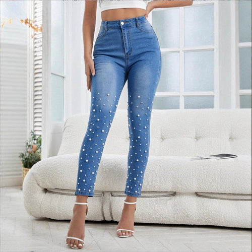 Damen hochgeschnittene Skinny-Jeans mit Perlenapplikation Nord Taschen