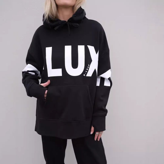 Damen Oversized Kapuzenpullover mit markantem Logoprint, Kängurutasche und Seitenschlitzen Nord Taschen