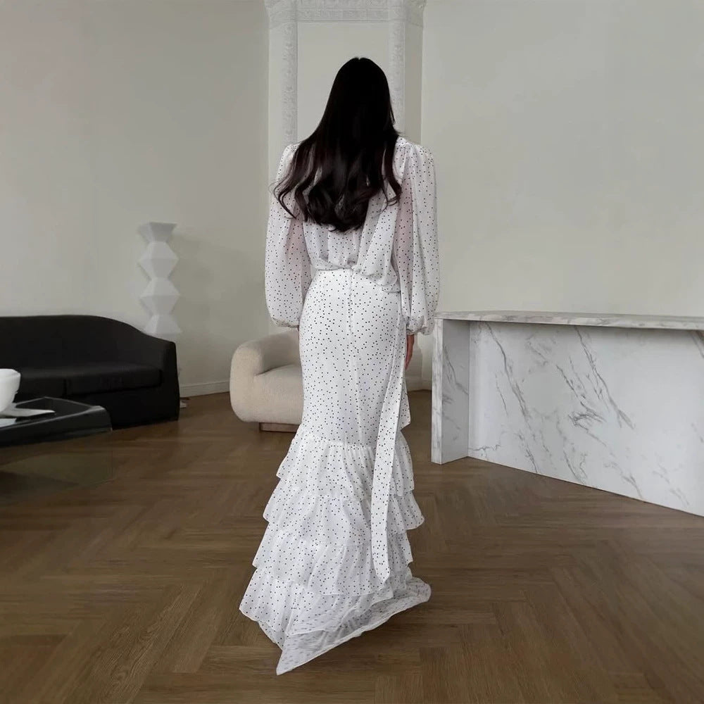 Damen Maxikleid aus Chiffon mit Wickeloberteil, Schluppe und gestuftem Volant‑Rock Nord Taschen