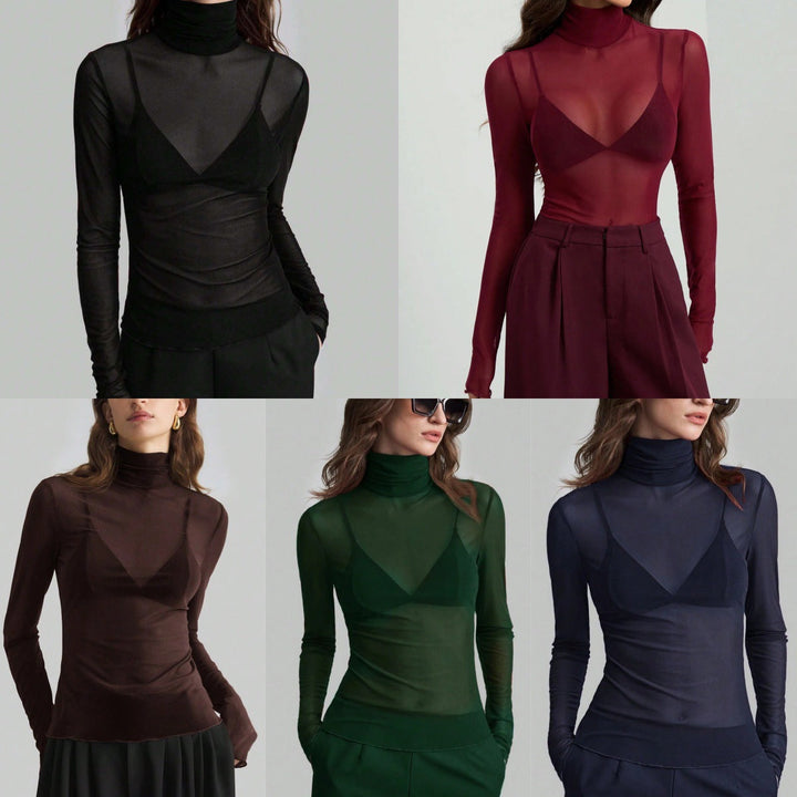 Damen Transparente Turtleneck-Bluse mit figurformendem Schnitt Nord Taschen