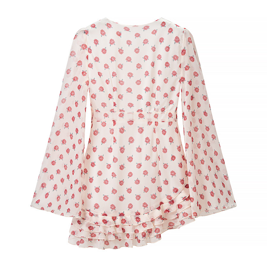 Damen Verspieltes Chiffon-Minikleid mit tiefem V, asymmetrischem Volant-Saum und Glockenärmeln Nord Taschen