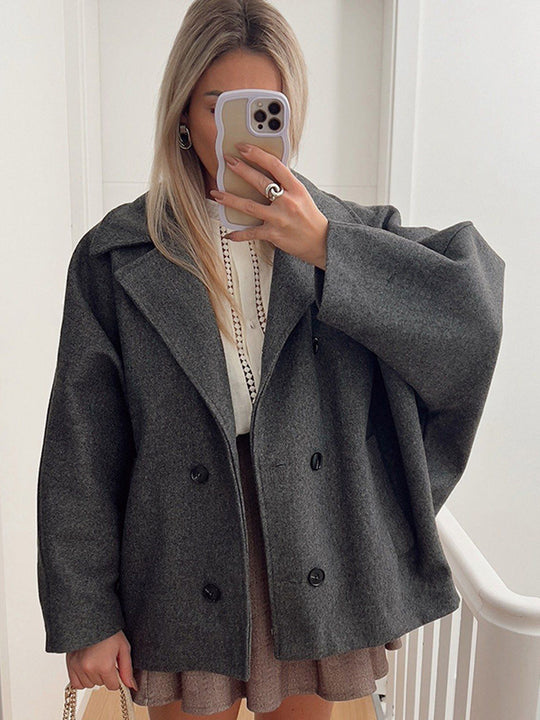 Damen Boxy-Wollmix-Cocoon-Jacke mit doppelreihiger Knopfleiste und weitem Revers Nord Taschen