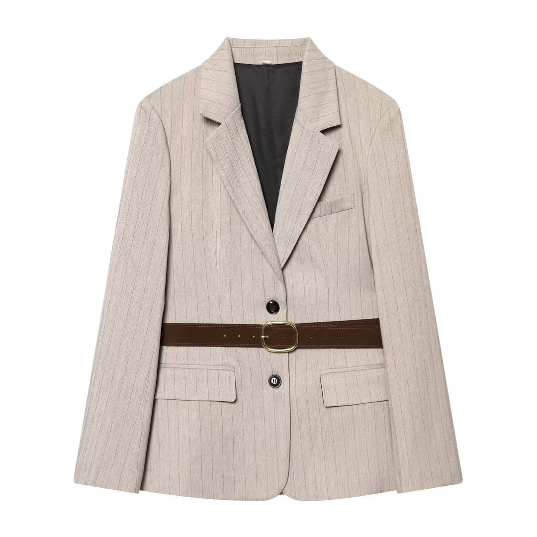 Damen Taillierter Nadelstreifen-Blazer mit Kontrastgürtel und Reverskragen Nord Taschen